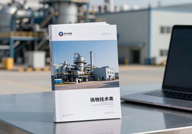 A clean shot of an industrial catalog and a professional laptop on a modern steel blue table, with a blurred manufacturing facility in the background. East Asian / Chinese setting.