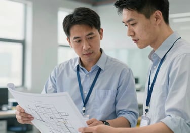 A high-quality photo of two professional engineers, East Asian / Chinese, discussing a complex blueprint in a clean, brightly lit corporate environment with industrial design accents.