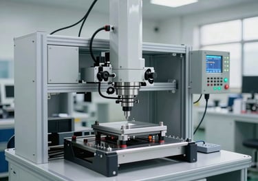 A photography of a custom-designed automated testing station in a bright factory, showing precision engineering components and integrated controllers. Modern industrial style. East Asian / Chinese facility.