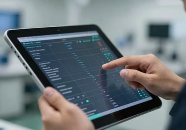 A close-up shot of a hand using a digital tablet to monitor real-time production data, with a blurred high-tech factory background. Clean, professional lighting. East Asian / Chinese hand.