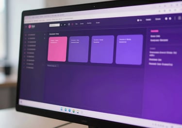 Detailed view of a modern computer screen showing a clean, organized dashboard with vibrant purple and pink interface elements, set in a bright office.