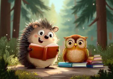 Tumbleberry hedgehog reading a book with his owl friend in a forest