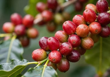 Close-up of vibrant red coffee cherries ripening on a lush green branch, sharp focus, professional agricultural photography style.