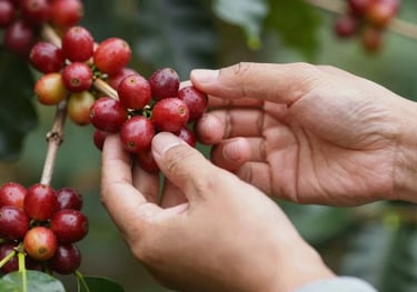 A detail shot of expert hands manually picking only the ripest red coffee cherries from a branch, emphasizing selective harvest.