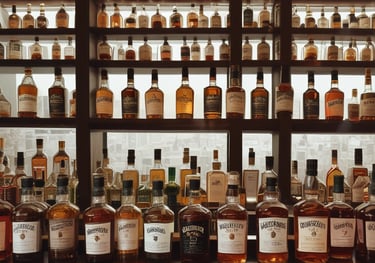 Collection of international whisky bottles lined up on a polished glass display.