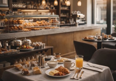 A hotel breakfast buffet featuring a plate of croissants and eggs, orange juice, and fresh pastries.