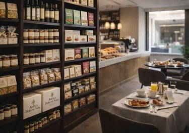 Gourmet Italian breakfast setting with pastries and a display shelf of artisan food products and jams.