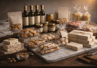 Assorted gourmet Italian food gift set with cannoli, olive oil, pasta, and almond torrone.