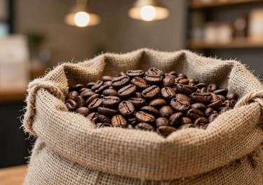 Detailed view of coffee beans in a natural burlap sack inside a stylish North American / US shop, warm earth tones and professional lighting.