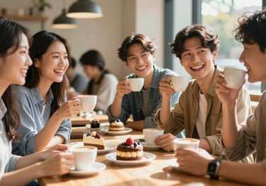 A stylish group of young adults in a North American / US setting laughing and sharing coffee and desserts at a sun-drenched table with a cozy, premium feel.