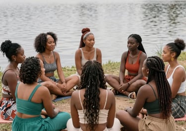 A diverse group of women seated in a sunlit circle, attentively participating in a calming workshop surrounded by soft botanical decor.