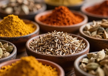 A vibrant, close-up photograph of assorted premium Indian spices including turmeric, cumin, and cardamom arranged neatly in rustic bowls.