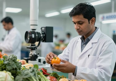 A clean, bright photo of a quality inspector in a South Asian facility examining fresh produce, representing FSSAI and APEDA compliance.