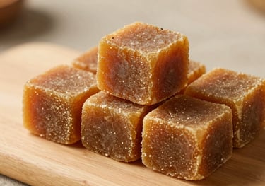 High-quality blocks of golden-brown organic jaggery displayed on a clean wooden surface, lit with natural morning light.