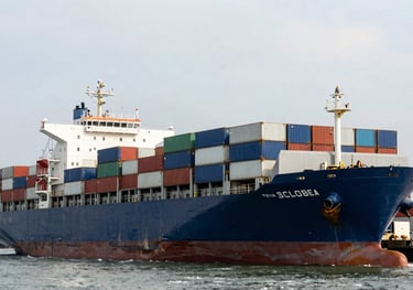 A commercial cargo ship at a busy South Asian port, representing global logistics, international trade, and the company's export capabilities.