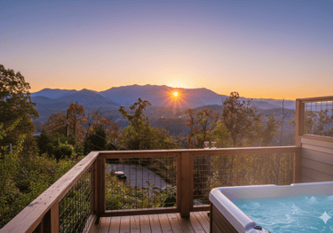 Steaming private hot tub on a secluded wooden deck overlooking the lush forest in Gatlinburg, Tennessee
