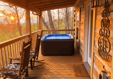 Steaming private hot tub on a secluded wooden deck overlooking the lush forest in Gatlinburg, Tennessee