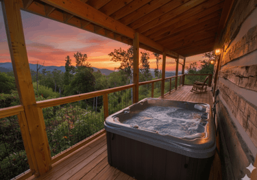 Steaming private hot tub on a secluded wooden deck overlooking the lush forest in Gatlinburg, Tennessee