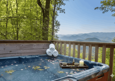 Steaming private hot tub on a secluded wooden deck overlooking the lush forest in Gatlinburg, Tennessee