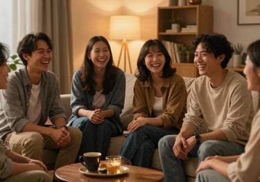 A group of North American people laughing together in a cozy living room during a warm evening gathering, atmosphere of belonging and shared joy, warm golden lighting.