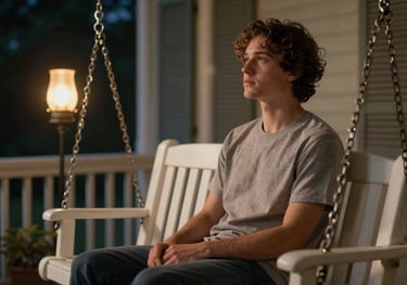 A North American individual sitting peacefully on a porch swing at night, the soft glow of a nearby lamp creating a safe and contemplative atmosphere.