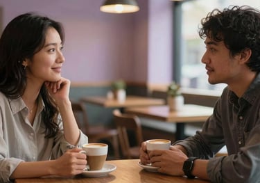 Two North American people having a warm and deep conversation over coffee in a dimly lit, cozy cafe, soft focus on the background, warm gold and soft lavender light.