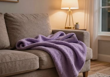 A warm and inviting interior shot of a North American living room at night, with a soft lavender throw blanket and a warm golden lamp glow, evoking a sense of calm.