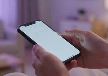 A close up of a person's hands holding a phone warmly in a North American home setting, soft focus on the background, warm evening light and lavender tones.