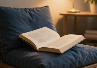 A soft focus shot of a comfortable North American reading nook at night, with warm golden lighting and a soft midnight blue cushion, symbolizing quiet companionship.