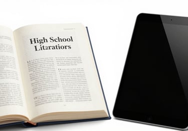 A close-up of a high school literature textbook alongside a modern tablet, symbolizing the blend of traditional and digital learning. Style is clean and high-contrast.