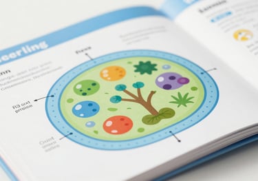 A close-up shot of an open science textbook for children showing a colorful diagram of a plant cell, using professional photography and clean lighting with #9EB7C2 accents.