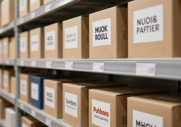 A warehouse shelf neatly organized with boxes of textbooks, labeled with major UK and US publisher logos, signifying efficient distribution. Professional lighting.