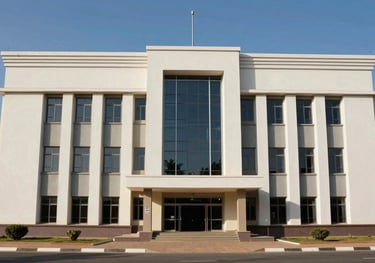 A professional photography of a modern building facade in Senegal, representing the institutions of justice, with clear blue sky and a clean environment.