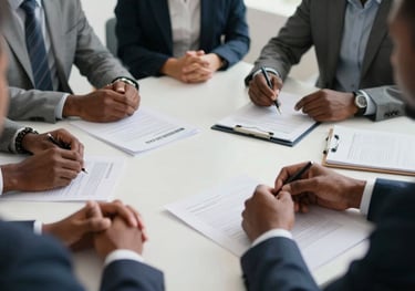 A close-up photograph of a professional meeting in Dakar, showing diverse professional attire and documents on a clean white table, emphasizing collaboration.