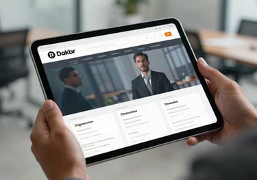 A high-quality photo of a digital tablet displaying a professional interface, held by a person in professional attire in a modern Dakar office.