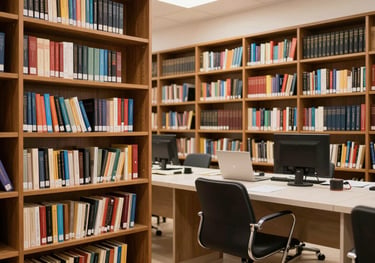 A crisp photograph of a legal library in Senegal, with rows of books and a modern study area, representing the focus on training and knowledge.