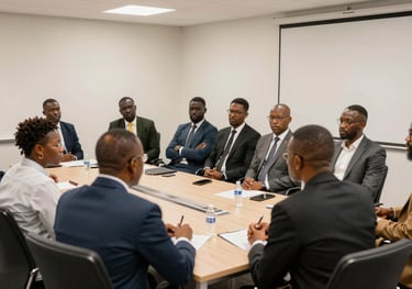 A bright photography shot of a West African legal seminar taking place in a contemporary conference room, showing professional participants engaged in discussion.