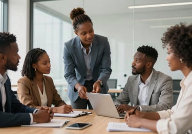 A professional photography of a group of West African professionals collaborating in a bright, modern meeting room with glass walls.