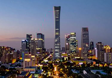 A modern cityscape of a bustling Asian metropolis at twilight, showcasing global connectivity and dynamic energy.