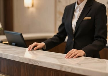 A close up of a professional reception desk in a luxury hotel, with a focus on high-quality service and warm lighting.