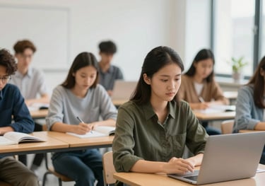 A diverse group of young professionals in a classroom setting, learning German, representing the bridge to international talent.