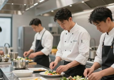 A modern kitchen interior with chefs at work, emphasizing cleanliness and professionalism, shot with a high-end corporate aesthetic.