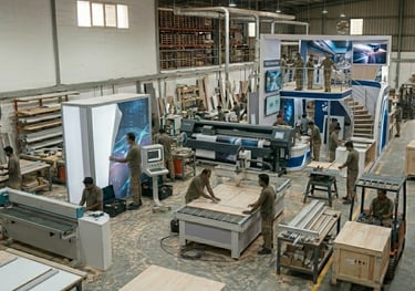 Custom exhibition stand builders constructing trade show booths in a large manufacturing workshop.
