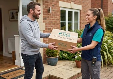 Hombre recibiendo un paquete con el logo de la empresa patitas coquetas en la puerta de su casa entregado por una mujer