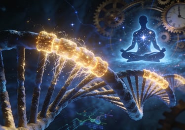 "DNA strand with repairing telomeres and meditation silhouette for anti-aging."