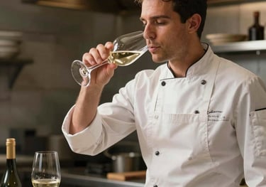 A professional chef in a clean apron tasting a white wine for quality. Focus on the concentration and expertise. Southern European kitchen setting, sophisticated and warm.
