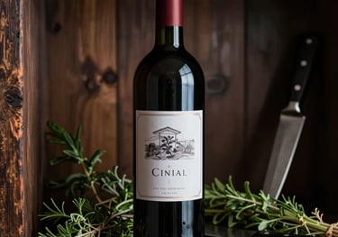 A moody still life of a wine bottle on a dark wooden shelf, surrounded by culinary herbs and a chef's knife. Elegant, Spanish rustic style. Soft side lighting highlights the textures of the label and the glass.