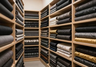 A wide shot of a professional textile showroom featuring organized shelves of premium fabrics in black, charcoal, and gold tones, bathed in soft light.