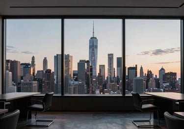 A high-end view of the New York City skyline at dusk, seen through the window of a modern, minimalist textile design office with black furniture.