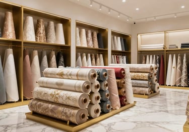 Interior of a modern, high-end textile boutique in Dubai, featuring marble floors, gold accents, and beautifully displayed rolls of luxury fabric.